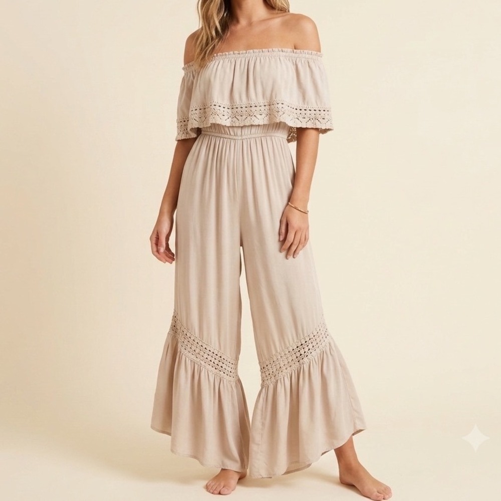 Japna Beige Crochet Strapless‎ Jumpsuit Women's XS Wide Leg Boho Romper Festival